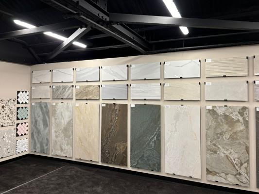 A collection of marble types, in a large display at Barkers Home Of Interiors, Maidstone, Kent.